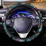 Teal Tropical Leaf Hawaii Pattern Print Car Steering Wheel Cover