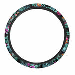 Teal Tropical Leaf Hawaii Pattern Print Car Steering Wheel Cover