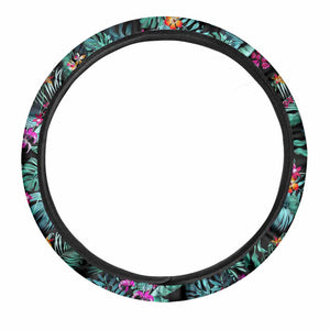 Teal Tropical Leaf Hawaii Pattern Print Car Steering Wheel Cover