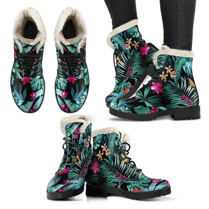 Teal Tropical Leaf Hawaii Pattern Print Comfy Boots GearFrost