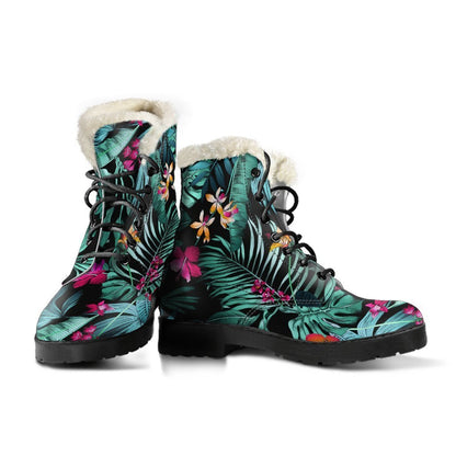 Teal Tropical Leaf Hawaii Pattern Print Comfy Boots GearFrost