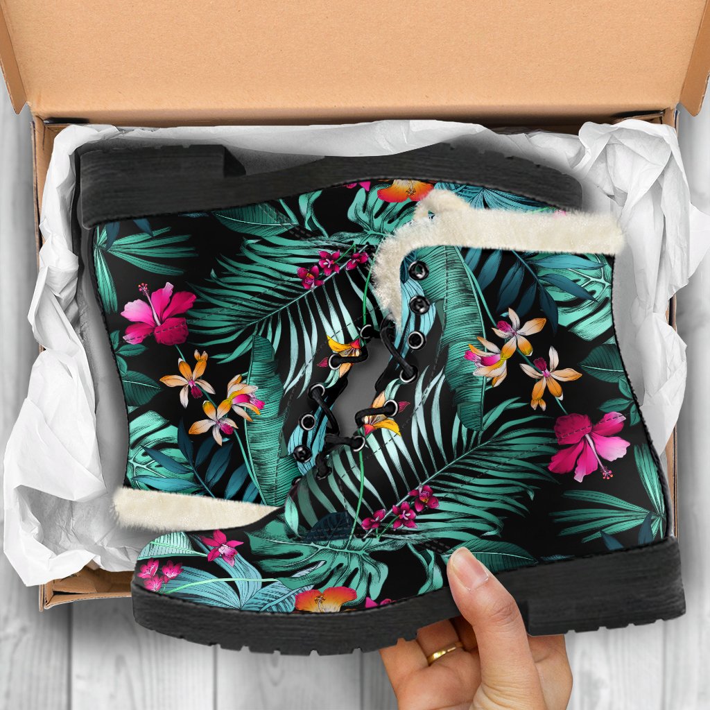 Teal Tropical Leaf Hawaii Pattern Print Comfy Boots GearFrost
