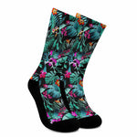 Teal Tropical Leaf Hawaii Pattern Print Crew Socks