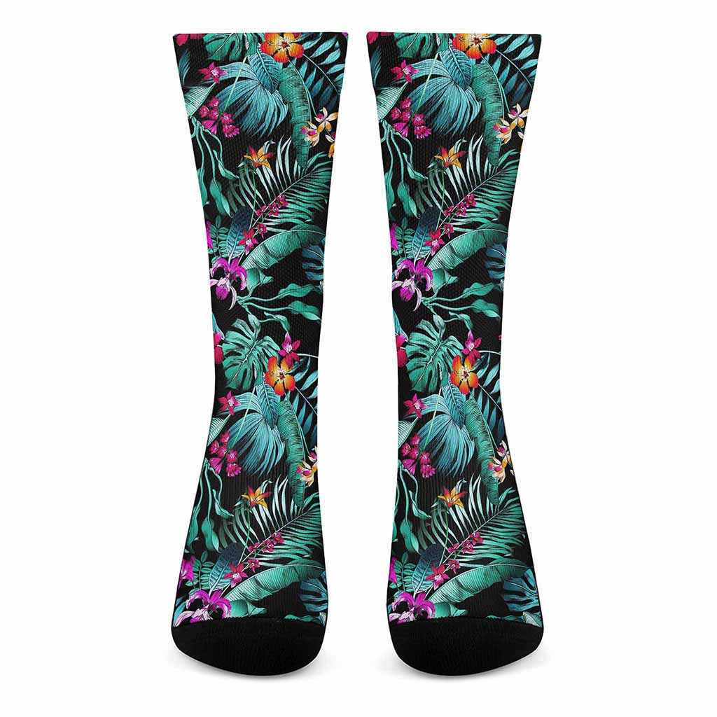 Teal Tropical Leaf Hawaii Pattern Print Crew Socks