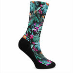 Teal Tropical Leaf Hawaii Pattern Print Crew Socks