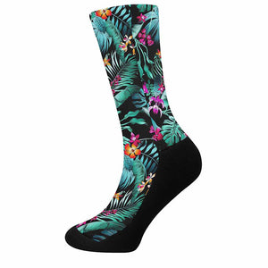 Teal Tropical Leaf Hawaii Pattern Print Crew Socks