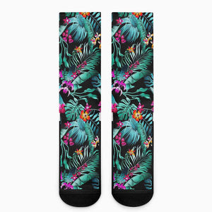 Teal Tropical Leaf Hawaii Pattern Print Crew Socks