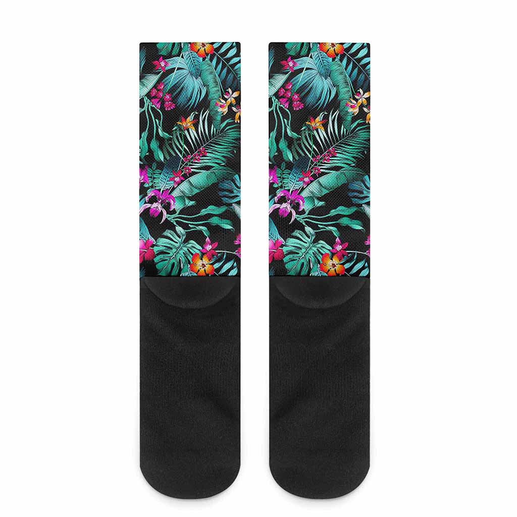 Teal Tropical Leaf Hawaii Pattern Print Crew Socks