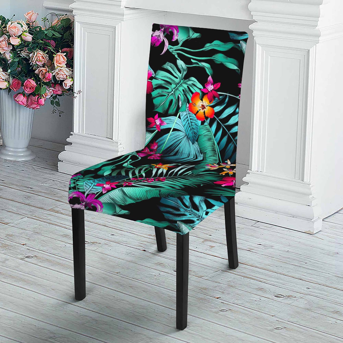 Teal Tropical Leaf Hawaii Pattern Print Dining Chair Slipcover