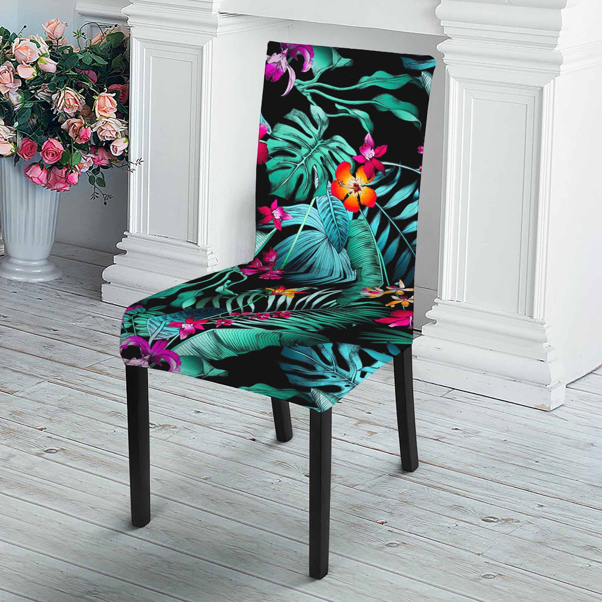 Teal Tropical Leaf Hawaii Pattern Print Dining Chair Slipcover