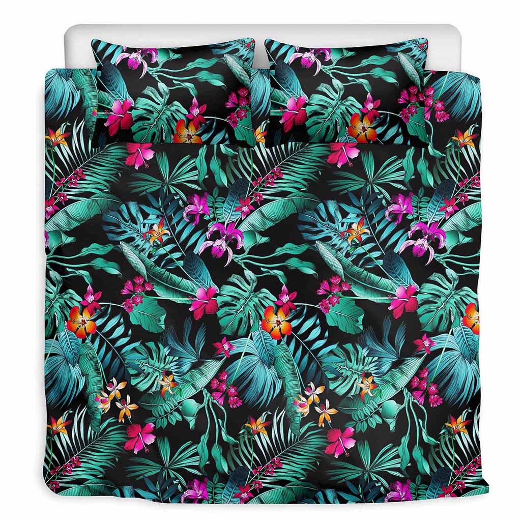 Teal Tropical Leaf Hawaii Pattern Print Duvet Cover Bedding Set