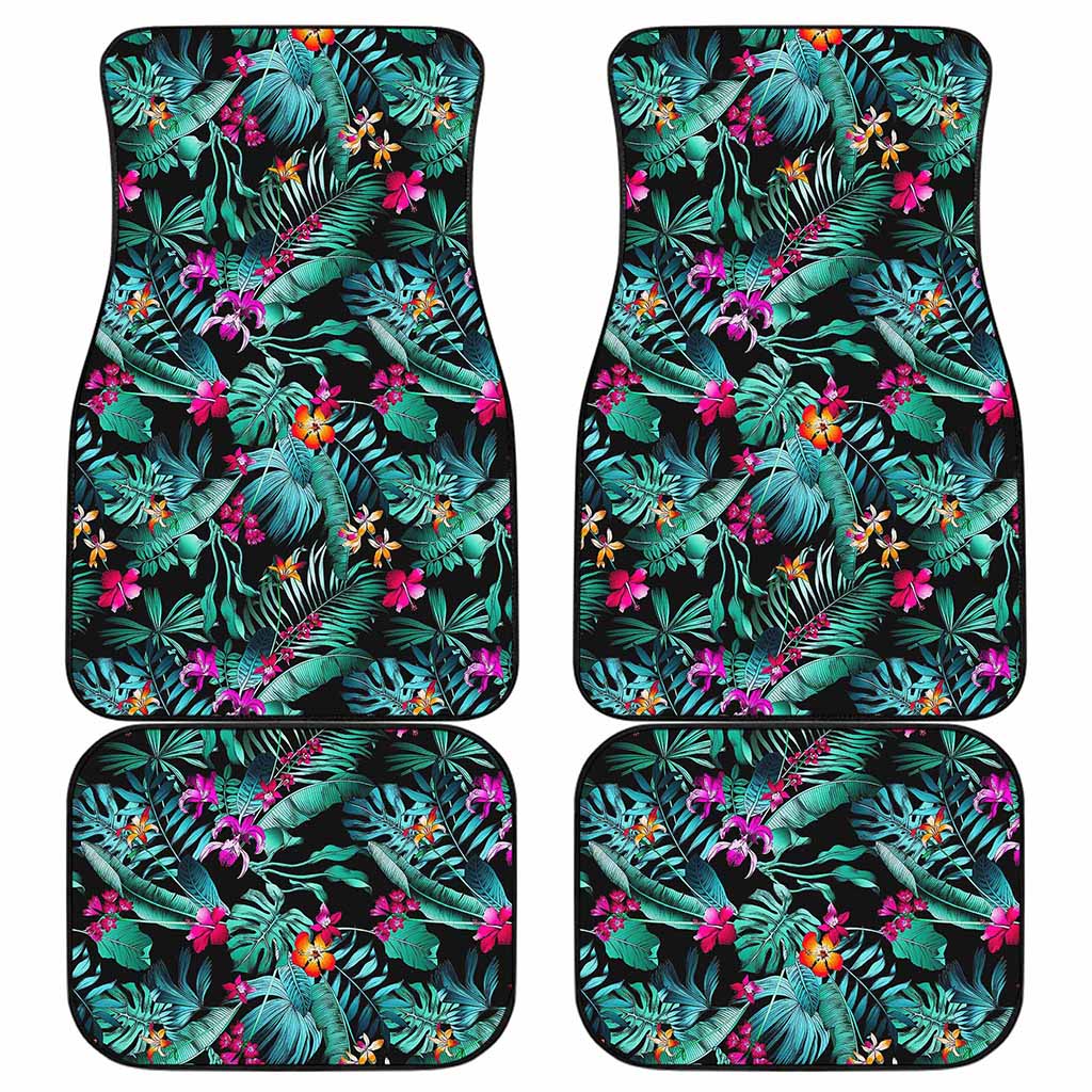 Teal Tropical Leaf Hawaii Pattern Print Front and Back Car Floor Mats