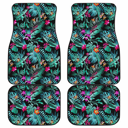 Teal Tropical Leaf Hawaii Pattern Print Front and Back Car Floor Mats