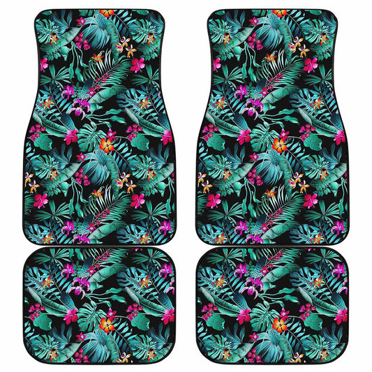 Teal Tropical Leaf Hawaii Pattern Print Front and Back Car Floor Mats