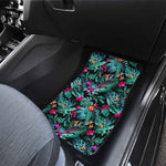 Teal Tropical Leaf Hawaii Pattern Print Front and Back Car Floor Mats