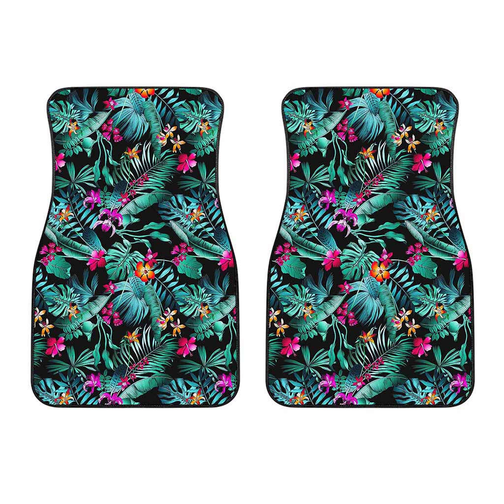 Teal Tropical Leaf Hawaii Pattern Print Front Car Floor Mats