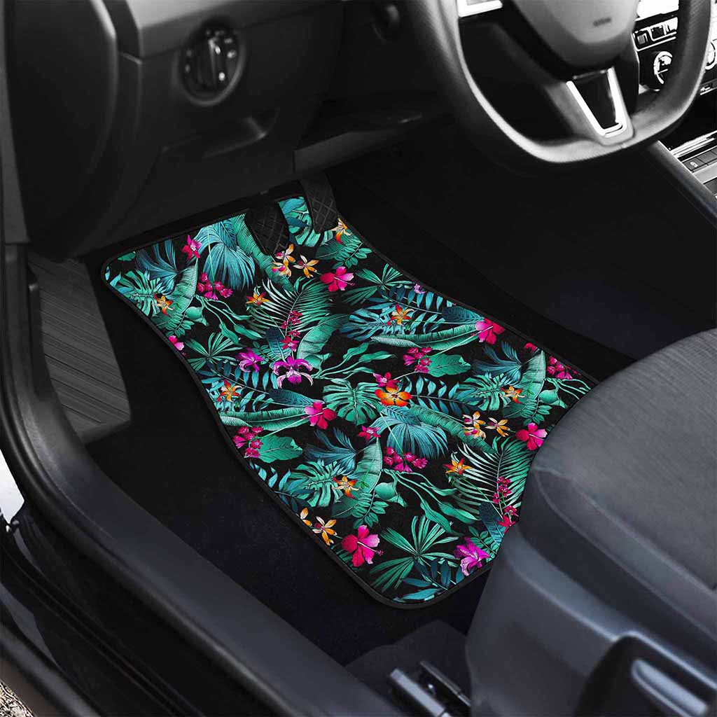 Teal Tropical Leaf Hawaii Pattern Print Front Car Floor Mats