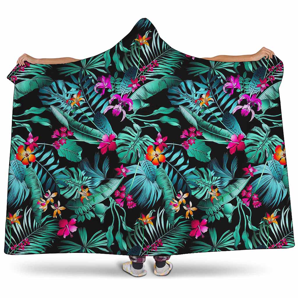Teal Tropical Leaf Hawaii Pattern Print Hooded Blanket
