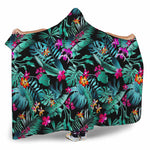 Teal Tropical Leaf Hawaii Pattern Print Hooded Blanket