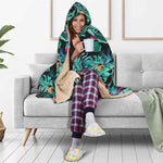 Teal Tropical Leaf Hawaii Pattern Print Hooded Blanket