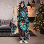 Teal Tropical Leaf Hawaii Pattern Print Hooded Blanket