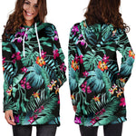 Teal Tropical Leaf Hawaii Pattern Print Hoodie Dress GearFrost
