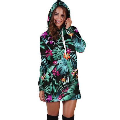 Teal Tropical Leaf Hawaii Pattern Print Hoodie Dress GearFrost