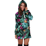 Teal Tropical Leaf Hawaii Pattern Print Hoodie Dress GearFrost
