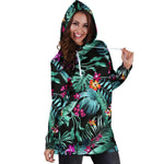 Teal Tropical Leaf Hawaii Pattern Print Hoodie Dress GearFrost