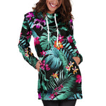 Teal Tropical Leaf Hawaii Pattern Print Hoodie Dress GearFrost
