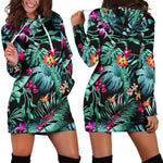 Teal Tropical Leaf Hawaii Pattern Print Hoodie Dress GearFrost