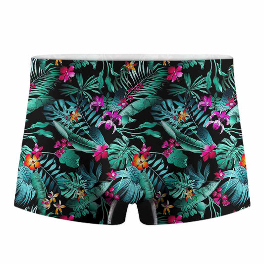 Teal Tropical Leaf Hawaii Pattern Print Men's Boxer Briefs