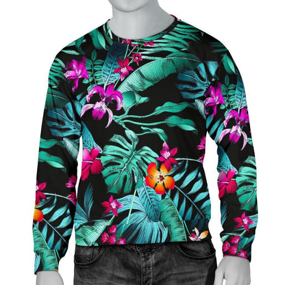 Teal Tropical Leaf Hawaii Pattern Print Men's Crewneck Sweatshirt GearFrost