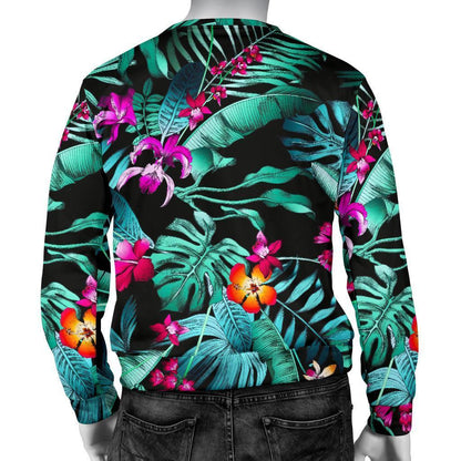 Teal Tropical Leaf Hawaii Pattern Print Men's Crewneck Sweatshirt GearFrost