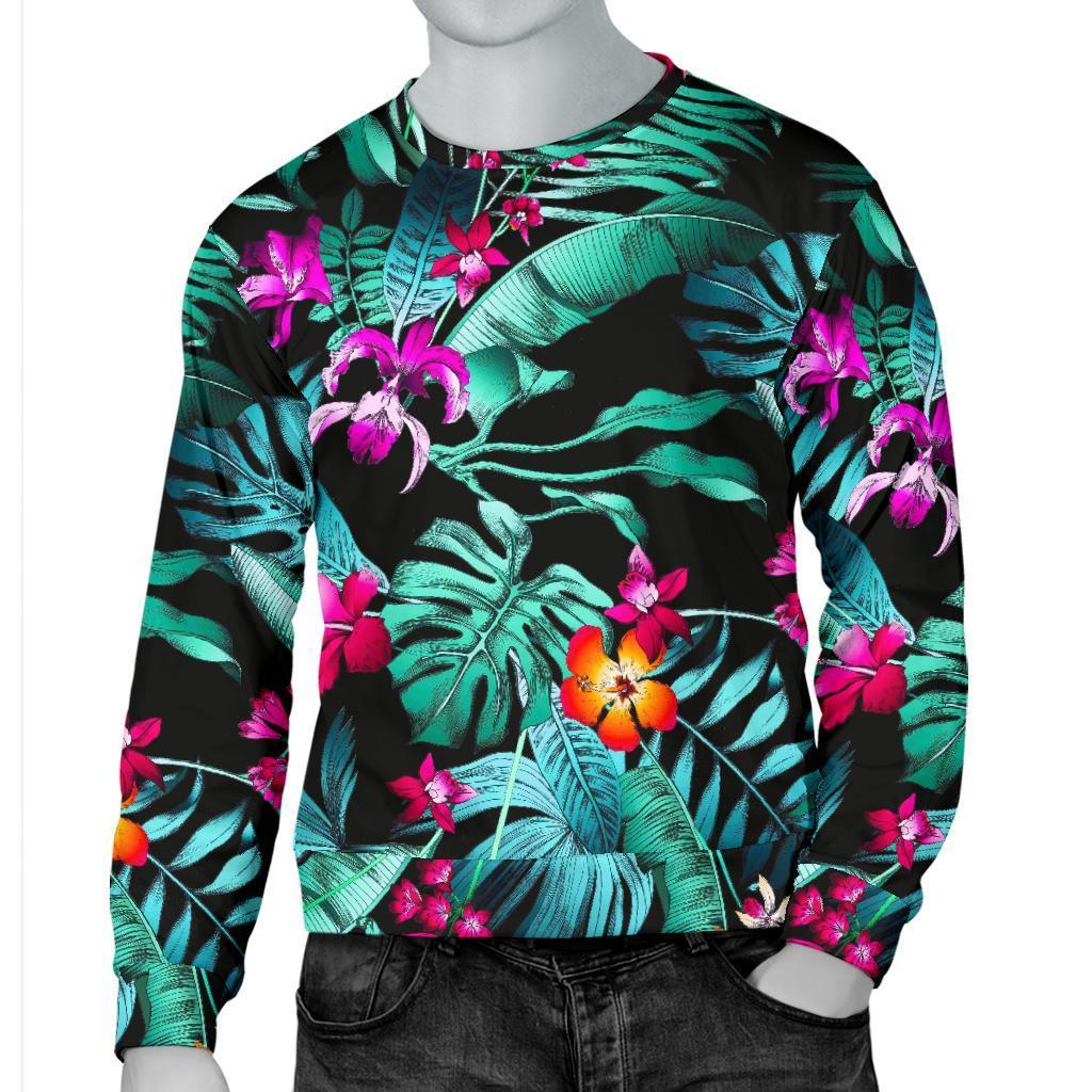Teal Tropical Leaf Hawaii Pattern Print Men's Crewneck Sweatshirt GearFrost