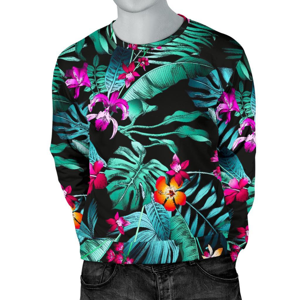 Teal Tropical Leaf Hawaii Pattern Print Men's Crewneck Sweatshirt GearFrost