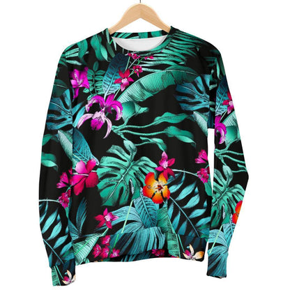Teal Tropical Leaf Hawaii Pattern Print Men's Crewneck Sweatshirt GearFrost