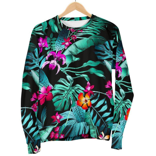 Teal Tropical Leaf Hawaii Pattern Print Men's Crewneck Sweatshirt GearFrost