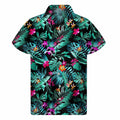 Teal Tropical Leaf Hawaii Pattern Print Men's Short Sleeve Shirt