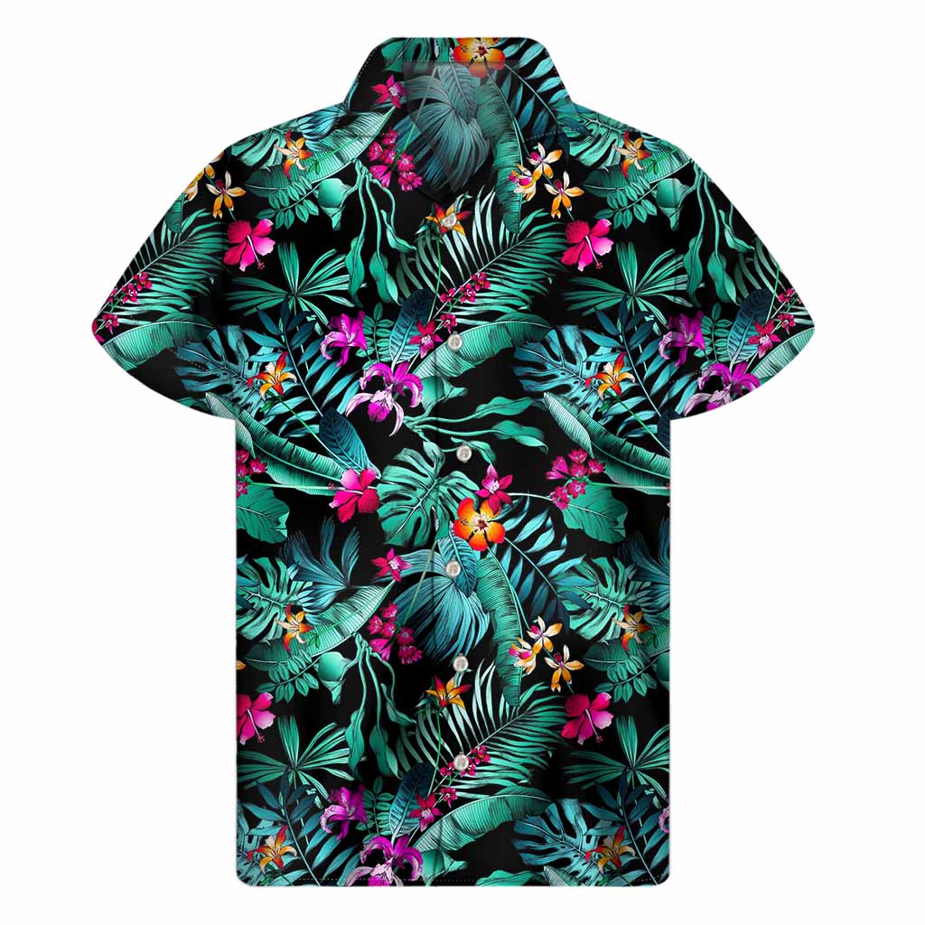 Teal Tropical Leaf Hawaii Pattern Print Men's Short Sleeve Shirt