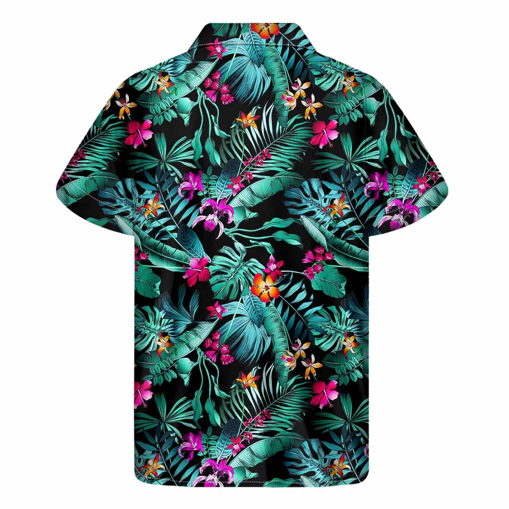 Teal Tropical Leaf Hawaii Pattern Print Men's Short Sleeve Shirt