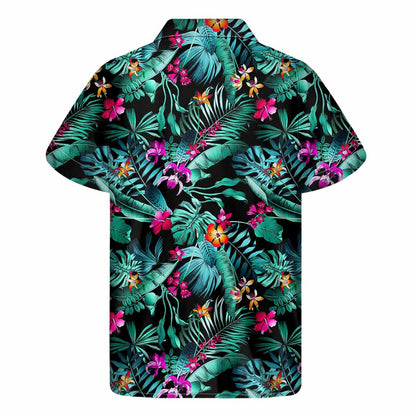 Teal Tropical Leaf Hawaii Pattern Print Men's Short Sleeve Shirt