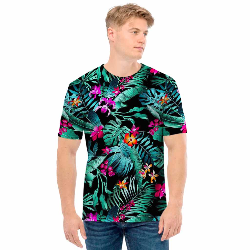 Teal Tropical Leaf Hawaii Pattern Print Men's T-Shirt