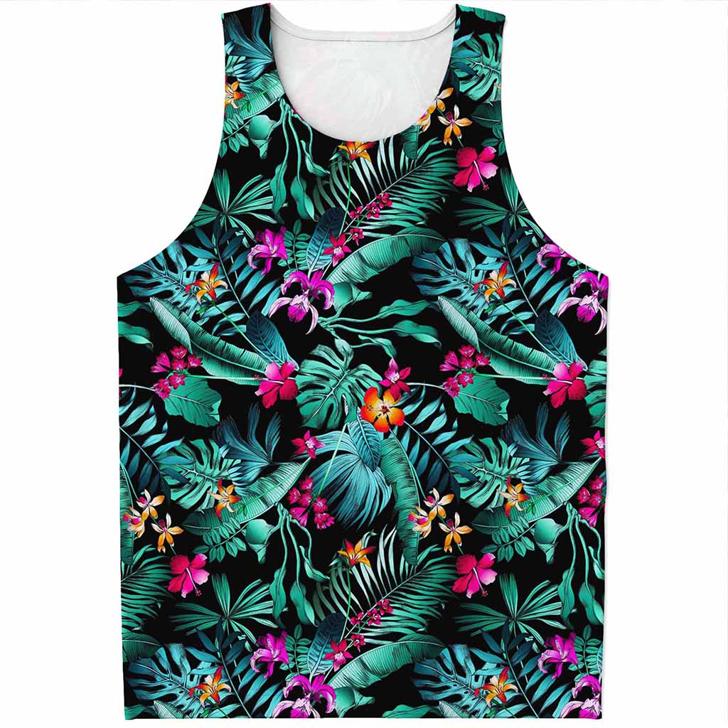 Teal Tropical Leaf Hawaii Pattern Print Men's Tank Top