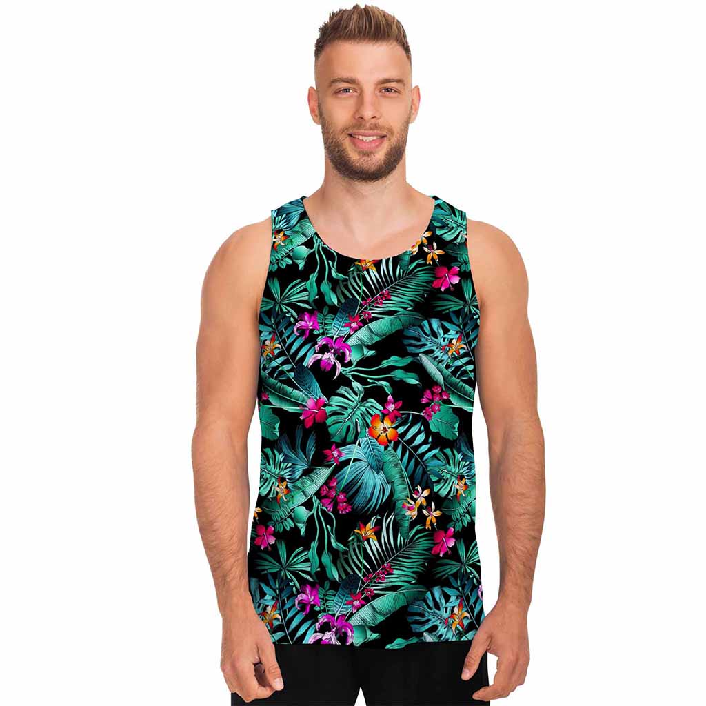 Teal Tropical Leaf Hawaii Pattern Print Men's Tank Top