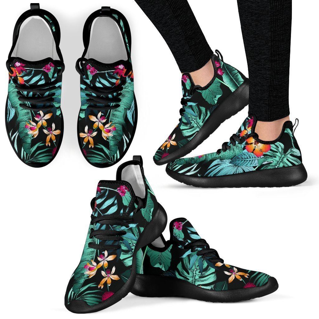 Teal Tropical Leaf Hawaii Pattern Print Mesh Knit Shoes GearFrost