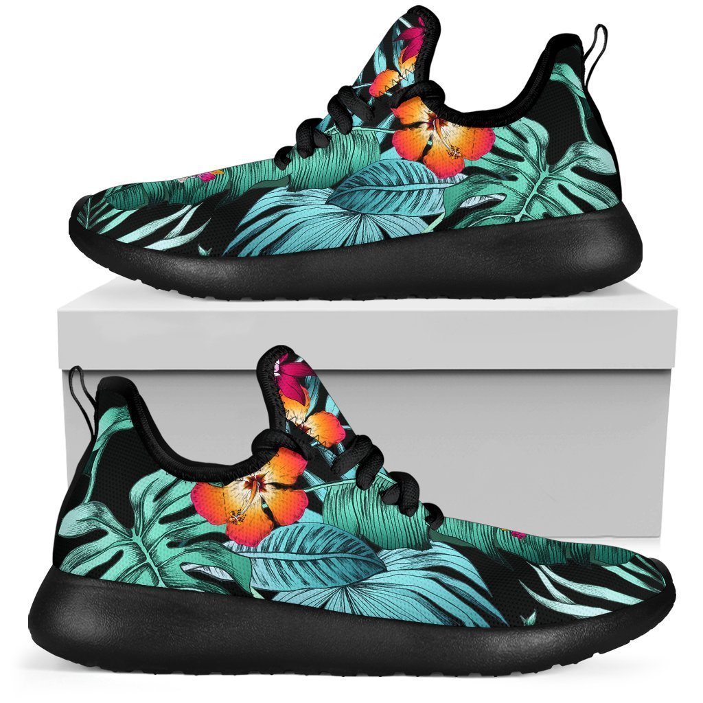 Teal Tropical Leaf Hawaii Pattern Print Mesh Knit Shoes GearFrost