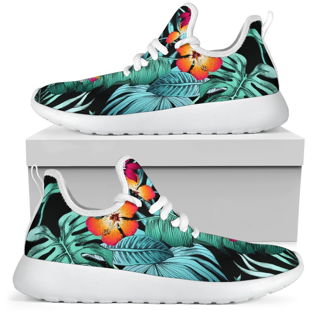 Teal Tropical Leaf Hawaii Pattern Print Mesh Knit Shoes GearFrost