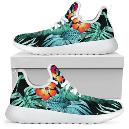 Teal Tropical Leaf Hawaii Pattern Print Mesh Knit Shoes GearFrost