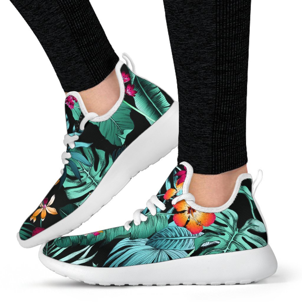 Teal Tropical Leaf Hawaii Pattern Print Mesh Knit Shoes GearFrost